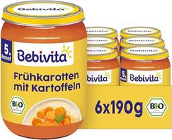 "Bebivita" ekologiškos ankstyvosios morkos su bulvėmis (6 x 190 g), nuo 5 mėn., be pridėtinės druskos, daržovių indeliai, idealiai tinkantys pradėti maitintis papildomu maistu