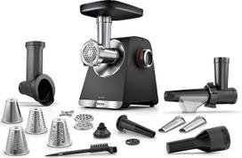 "Bosch MultiPower MFWS660B Series 6" mėsmalė 3 perforuoti diskai (3, 4,5/8 mm), nerūdijantis plienas, galima plauti indaplovėje, tarkavimo įtaisas, dešrų ir kepsnių priedas, sulčiaspaudė, elektrinė, stipri, kompaktiška, 2100 W, juoda