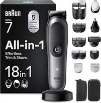"Braun All-in-One Series 7", "18-in-1" daugiafunkcinis kirptuvas, barzdos kirptuvas, nosies plaukų kirptuvas, veido, galvos ir kūno plaukų kirptuvas, 120 min. akumuliatorius, 14 ilgių (0,1-21 mm), atsparus vandeniui, AIO7585, pilkas