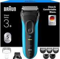 "Braun Series 3+" elektrinis skustuvas vyrams su 3 lanksčiais peiliukais, skustuvas pagamintas Vokietijoje, barzdos kirptuvo priedas, 5 šukų priedai, drėgnas ir sausas skustuvas, 3010BT, mėlynas