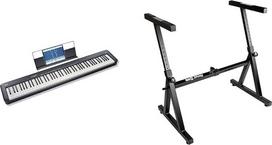 "Casio CDP-S110BK" skaitmeninis pianinas su 88 pasvertais klavišais, juodas, ir "Rockjam" tvirtas Z formos klaviatūros stovas skaitmeniniams fortepijonams ir elektroniniams klavišams, juodas