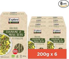 "Explore Cuisine" Ekologiški "Fettuccine" iš Edamame (žaliųjų sojų pupelių) ir Mung pupelių - makaronai be glitimo, augalinių baltymų makaronai, be priedų, mažai angliavandenių, veganiški, 6 x 200 g