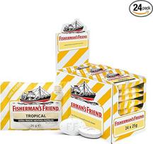 "Fisherman's Friend Tropical", 24 dalių laikymo dėžutė, išskirtinis asortimentas: ananasų, melionų, gvajavų skonio, be cukraus, veganiški, saldainiai gaiviam burnos kvapui, 24 x 25 g