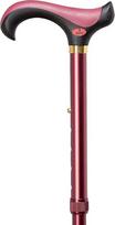 "Gastrock" vaikščiojimo lazda "Super Soft Red Derby" rankena pagaminta iš plastiko su minkštu guminiu paminkštinimu, pritvirtinta prie lazdos, pagamintos iš tvirto lengvo metalo, vyno raudonos spalvos, matinė, reguliuojamo aukščio, su guminiu pagaliuku