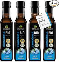 "Kräuterland" ekologiškas juodųjų kmynų aliejus 4 x 250 ml (1 litras), filtruotas, natūraliai grynas, be priedų, su dideliu timochinono kiekiu, šalto spaudimo, švelnus, stikliniame butelyje, šviežias, tiesiogiai iš mūsų Heseno aliejaus spaudyklos