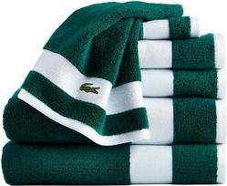 "Lacoste Sport Stripe" 6 dalių prabangių medvilninių rankšluosčių rinkinys - pagamintas iš 100 % minkštos "Supima" medvilnės, gerai sugeria drėgmę ir greitai džiūsta, į komplektą įeina 2 vonios rankšluosčiai, 2 rankšluosčiai rankoms ir 2 skalbimo servetėl