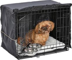 "MidWest Homes for Pets iCrate 1524DD-KIT" šunų dėžių rinkinys, 24 colių dvivėrė šunų dėžė, gultas, 2 dubenėliai ir dėžės dangtis, pertvara ir patentuotos funkcijos, juoda