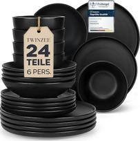 "Twinzee Ebony Collection" 24 dalių matinės juodos spalvos akmeninių indų rinkinys 6 asmenims - juodos spalvos lėkštės ir puodeliai, tinkantys naudoti mikrobangų krosnelėje
