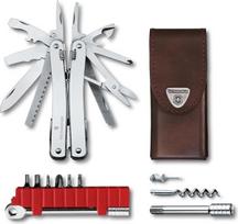 "Victorinox Swiss Tool Spirit X Plus Ratchet", 36 funkcijų, šveicariškas daugiafunkcis įrankis su užrakinamais ašmenimis, su odiniu dėklu, sidabrinės spalvos