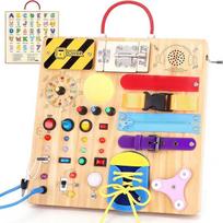 23-in-1 Montessori užimta lenta mažyliams nuo 1 metų Medinis žaislas su 15 jungiklių, 26 LED lemputėmis, muzikine dėžute, "Zip & Lock" sensoriniu žaislu 1-3 metų berniukams ir mergaitėms