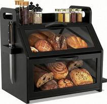 BAMBANG Brotkasten Bambus 2 Etagen Groß,Brotaufbewahrung Frischhalten Brotbehälter Brotschrank Bread Box Holz,Brotaufbewahrungsbox Brotkorb Brotkästen Brotbox Modern Küchen Brot Aufbewahrung Schwarz