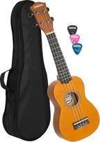 CASCHA Soprano ukulelės rinkinys vaikams ir suaugusiems, pradinis ukulelės rinkinys su 3 būgneliais, krepšeliu, ukulelės komplektu, nailoninėmis Aquila stygomis, maža Havajų gitara pradedantiesiems ir pažengusiems, geltonos spalvos HH 3964