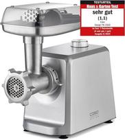 CASO FW 2500 Sidabrinė mėsmalė su galinga 2500 W, bandymo įvertinimas: Labai geras, titaninis peilis, grąžinimo funkcija, priedai, įskaitant mėsainių presą