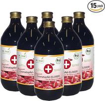 Ekologiškas granatų eliksyras (6 x 500 ml), tiesioginės prinokusių granatų vaisių sultys, be cukraus ir kitų priedų. Pagaminta Vokietijoje