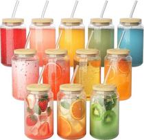 FINEW 12 stiklinių su dangteliu ir šiaudeliu, 16 oz/450 ml stiklinės šaltai kavai, kokteilių stiklinės, stiklinės šaltai kavai, ilgos gėrimų stiklinės su 2 valymo šepetėliais burbulinei arbatai, viskiui, kokteiliams, alui