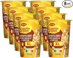 MAGGI "5 Minute Terrine XL" bulvių košė su skrudintais svogūnais ir gražgarstėmis, skanus paruoštas maistas, greito paruošimo bulvių tyrė, pikantiškas bulvių užkandis, 8 vnt. (8 x 76 g)