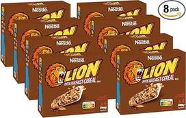 NESTLÉ Lion pusryčių batonėlis, traškus pusryčių batonėlis su karamele ir pienišku šokoladu, 32 % pilno grūdo, skanus užkandis, 8 vnt. (4 x 25 g)