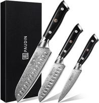 PAUDIN Damasko peilių rinkinys, 3 dalių peilių rinkinys, Damasko virtuvės peilių rinkinys su itin aštriu "Santoku" peiliu, virtuvės peilis pagamintas iš 67 sluoksnių damaskinio plieno su japoniško VG10 plieno šerdimi, ergonomiškas G10