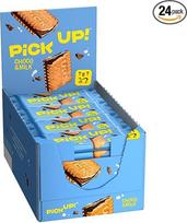 PiCK UP! Choco&Milk (24 x 28 g) sausainių batonėliai su traškiu pienišku šokoladu ir pieno kremu tarp dviejų sausainių, užkandžių užkandžių su 24 vnt.