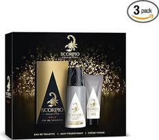 SCORPIO - Kolekcija 3 produktai aukso spalvos - vyriškas dovanų rinkinys - tualetinio vandens buteliukas 75 ml, dezodorantas su purkštuku 150 ml ir veido kremo gelis 50 ml