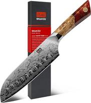 SHAN ZU "Damask Santoku" peilis, 18 cm japoniškas virtuvinis peilis, pagamintas iš SG2 miltelinio plieno, rankomis kaltas profesionalus virėjo peilis, pagamintas iš 91 sluoksnio damaskinio plieno, ergonomiška klevo rankena - "White Tiger" serija