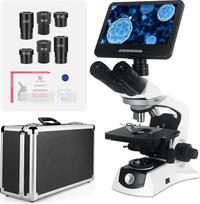Trinokulinis mikroskopas su begaline korekcija, 10-24 MP monitoriumi, 40-1000 kartų didinimu, begaliniais achromatiniais lęšiais, FL10X okuliarais, dideliu mechaniniu stalu, vienu paspaudimu atliekamu fotografavimu ir vaizdo įrašymu