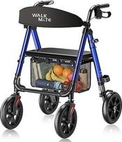 WALK MATE riedučiai senjorams su sėdyne, 25 cm dideliais ratais, reguliuojamo aukščio, atlošu ir tinklelio skyriumi, sulankstomi, tinkami naudoti patalpose ir lauke (mėlyni)