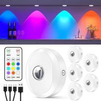 WILLED USB įkraunama RGB LED prožektorių baterija su nuotolinio valdymo pulteliu, belaidis vitrinų apšvietimas LED su laiko funkcija, spalvą keičiantis spintos apšvietimas, magnetinis reguliuojamas apšvietimas, virtuvės LED (6 vnt.)