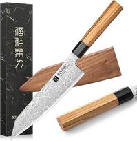 XINZUO Damasko plieno Kiritsuke virėjo peilis, japoniško stiliaus 21,5 cm virtuvinis peilis, "Gyuto" peilis, rankų darbo kaltinis aštrus virėjo peilis Alyvuogių medžio ir juodo buivolo rago rankena - su dėklu
