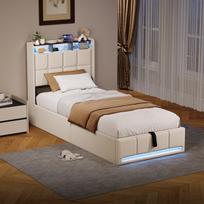 Vaikiška viengulė lova 90 x 200 cm, apmušta lova su LED, USB C, smėlio spalvos, linas