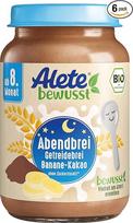 "Alete bewusst" Ekologiška vakarinė grūdų košė su bananais ir kakava, nuo 8 mėnesio, kūdikių košė su kakavos milteliais ir bananais šaukšteliu, ekologiškas kūdikių maistas iš stiklinės, 6 x 190 g