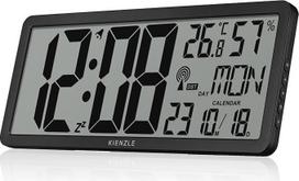 "Kienzle XXL" skaitmeninis radijo bangomis valdomas sieninis laikrodis su temperatūros ekranu, drėgmės funkcija, žadintuvo funkcija, data, 12/24 val. formatu, maitinamas iš baterijos, sidabrinės spalvos
