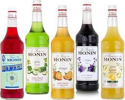 "Monin" degustacinė pakuotė "Bar Spritz" 5 x 1 litro sirupų rinkinys kokteiliams ir gėrimams - kartusis - apelsininis - violetinis - citrininis Rantcho - agurkų - skonio patirtis - baro reikmenys
