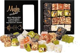 "Mughe Gourmet" prabangūs turkiški saldainiai "Sultan Pistachio", elegantiška dovanų dėžutė - 350 g - "Lokum Orange", lazdyno riešutai, migdolai - Halal, vegetariški - puiki dovana gimtadienio proga