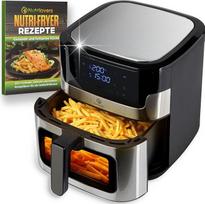 "Nutrilovers Nutri-Fyer" nerūdijančio plieno XXL 8 l karšto oro keptuvė 2000 W nerūdijančio plieno su LED jutikliniu ekranu, dvigubo kaitinimo technologija, stebėjimo langeliu, mažo riebumo gruzdintuve be aliejaus, su receptais
