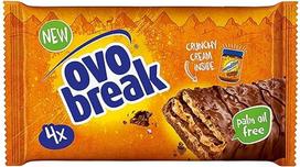 "Ovomaltine OVO BREAK" vaflių ir šokolado batonėlis - traškus užkandis su nepakartojamu mūsų populiaraus traškaus kremo skoniu, natūraliai be palmių aliejaus (4 x 39 g)