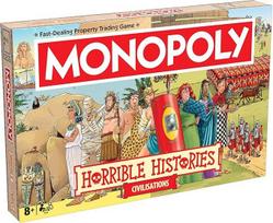 "Winning Moves Horrible Histories Ancient Civilisations Monopoly Classic" stalo žaidimas puikiai tinka 2-6 žaidėjams ir yra puiki dovana gerbėjams nuo 8 metų.