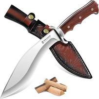 Dragon Creek Kukri lauko išgyvenimo peilis, didelis fiksuotas peilis su medine rankena ir odiniu dėklu, aštrus stovyklavimo ir trekingo peilis
