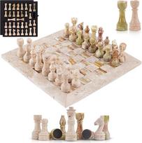 Marmuro šachmatų rinkinys 15 colių travertino ir žalios spalvos šaškių lentos žaidimas su figūromis, 2 papildomomis karalienėmis ir laikymo dėžute Strategijos rinkinys suaugusiesiems ir šeimai, skirtas kelionių stalo žaidimams