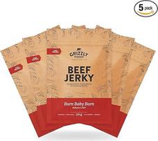 Grizzly Foods - jautienos užkandžiai "Beef Jerky Burn Baby Burn" (5 x 100 g) - džiovinti mėsos baltymų užkandžiai - jautiena iš Vokietijos - daug baltymų turintys užkandžiai sporto salei, fitnesui, lauke, biure