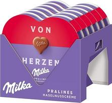 Milka I Love Milka šokoladiniai saldainiai - širdies formos Alpių pieno šokoladas su švelniu lazdyno riešutų riešutų riešutų kremo įdaru - 12 x 44g