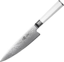 MITSUMOTO SAKARI japoniškas damaskinis virtuvinis peilis, 8 colių geležtė pagaminta iš itin aštraus VG-Pro plieno, tiksliai pjauna mėsą ir daržoves, ergonomiška G10 rankena su patogia rankena
