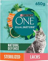 PURINA ONE Dual Nature sausas maistas kastruotoms katėms su spirulina, gausus lašišos, 6 vnt. (6 x 650 g)