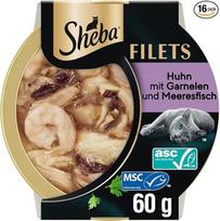 Sheba Filets - geriausias drėgnas kačių maistas dėkle - vištiena su krevetėmis - 16 x 60 g