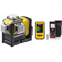DCE089D1R DeWALT kryžminių linijų lazeris + DE0892 linijinio lazerio detektorius + Leica Disto D2 lazerinis atstumų matuoklis
