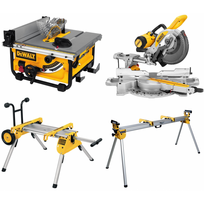 DWE7485 DeWALT išilginio pjovimo staklės + DE7400 stovas + DWS727 skersinio pjovimo staklės + DE7023 stalas