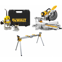 D26204K DeWALT freza 900W 8 mm + DWS727 skersinio pjovimo staklės (250mm) + DE7023 pjūklo stalas