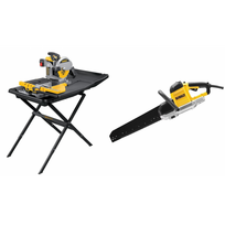D24000S DeWALT 250 mm plytelių pjovimo staklės su stovu + DWE399 430 mm tuščiavidurių plytų pjūklas