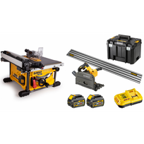 DeWALT DCS7485N FLEXVOLT 54V išilginio pjovimo staklės + DCS520T2R 54V įleidžiamas diskinis pjūklas su liniuote