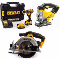 DCD796P2 DeWALT 18V suktuvas – smūginis gręžtuvas + DCS331N 18V siaurapjūklis + DCS391N 18V diskinis pjūklas